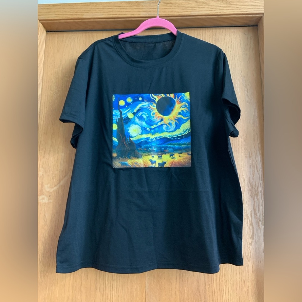 Black T-Shirt with Starry Night/Cattle Ranch print - NWOT